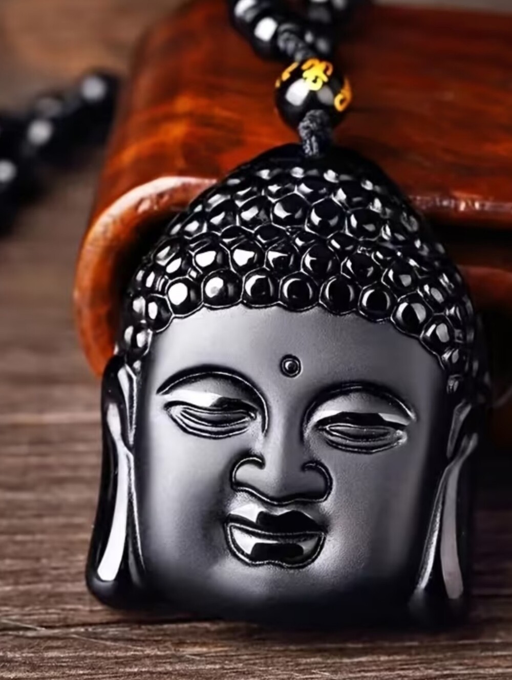 Shungite Buddha face statement necklace, 25"